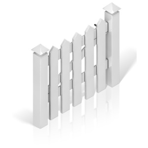 The swing-gate to a white picket fence.