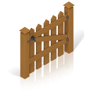 The swing-gate to a brown picket fence.