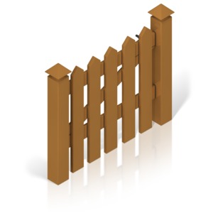 The swing-gate to a brown picket fence.