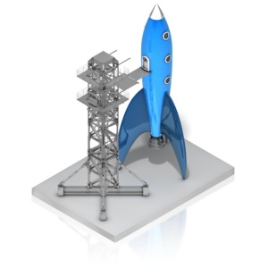 A retro-style rockets sits on a launch pad.