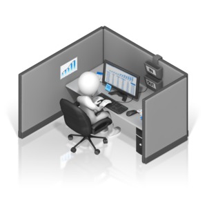 A stick figure sits at a computer in his cubicle.