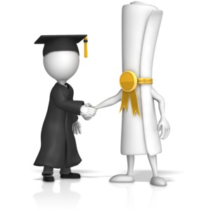 This clip art image shows a graduate figure shaking hands with a diploma.