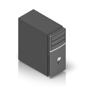 An isometric view of a desktop computer tower.