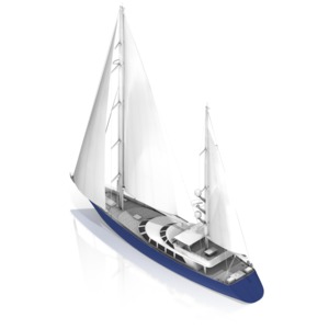 Back view of a sail boat.