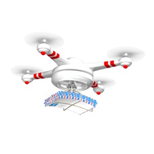 An image of a drone carrying some mail envelopes.