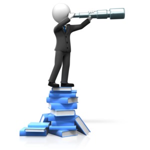 An image of a male figure holding a scope standing on some books.