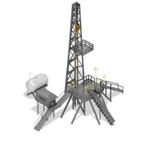 The tower and platform of a common oil derrick.