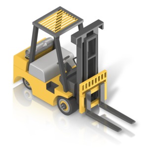 An image of a front of a forklift in an isometric view.
