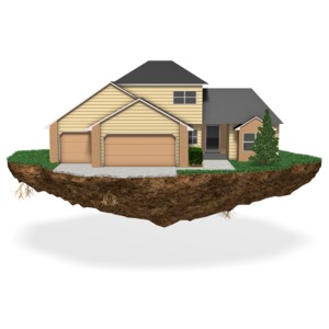 A house on a chunk of land floats in the air.