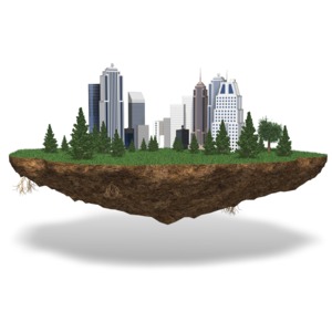 An image of a city on a large chunk of land.