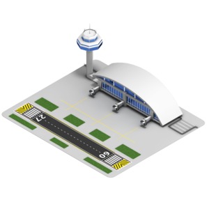 This clip art image shows an airport at an isometric view.