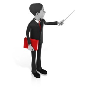 An image of a man pointing at something to his left.