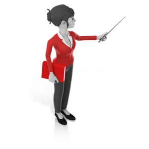 An image of a woman pointing at something at her left.