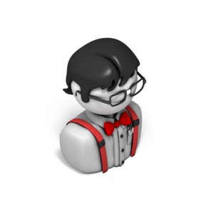 A 3D isometric icon bust of a person with glasses and suspenders. A stereotype image of a computer geek.