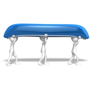 An image of three figures carrying a canoe.