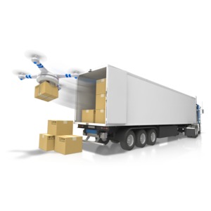 An image of a drone carrying a package from a semi truck.