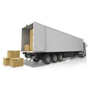 An image of the back end of a semi truck with boxes sitting on ground.