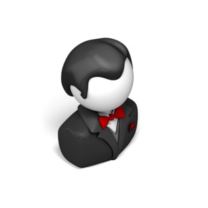 An isometric view of an icon bust in a formal tuxedo with a bow tie.