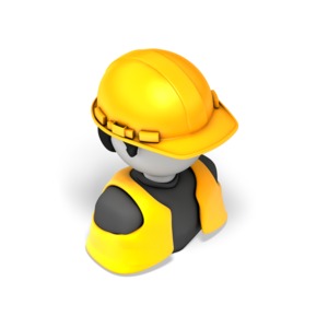 An 3d isometric view of an icon bust of a construction worker with hardhat.