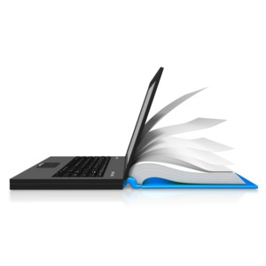 An image of a laptop and book morphing into one another.