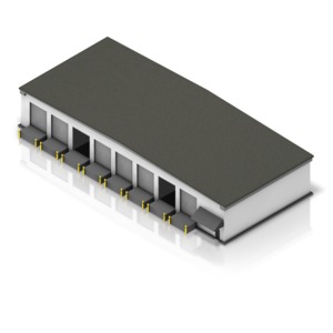 This clip art image shows a large shipping warehouse at an isometric angle of view.