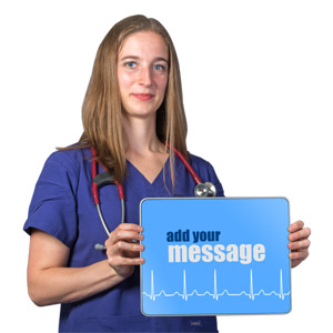 A nurse or doctor holding a tablet device with your custom design.