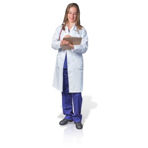 An image of a female doctor or nurse writing notes on a clipboard.