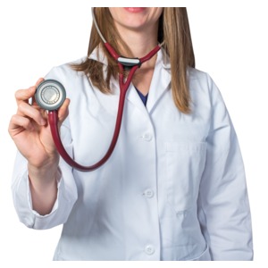 A closeup of a female doctor or nurse holding up a stethoscope.