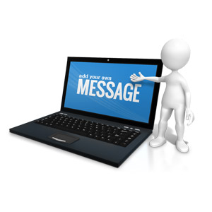 This clip art image shows a figure gesturing to a laptop screen.  You can customize the screen with your own text and images.