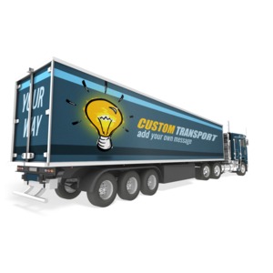 The trailer on this semi-truck can be customized using your own logos and messages. Use our on-line tools to change the text and add your own design.