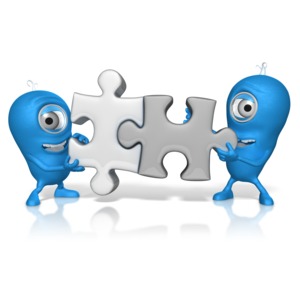 Two characters put hold two puzzle pieces that are connected together.