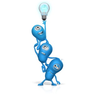 Three characters use teamwork while standing on top of each other to reach a light bulb.  This could display a concept of finding a solution or idea.