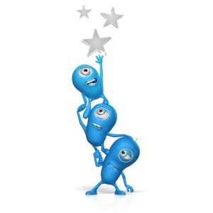 Three characters use teamwork while standing on top of each other to reach a group of stars.