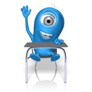 A 3D character student sits at a school desk and raises its hand.