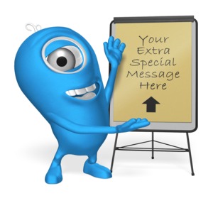 A 3D character stands happily in front of a presentation board and gestures to the content. You can use our on-line tools to customize the message on the flip board.