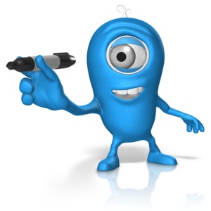 This clip art image shows a character holding out a marker in its hand.