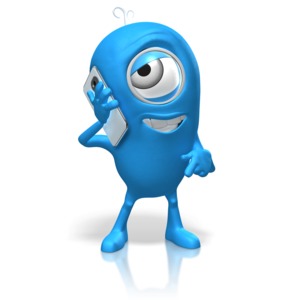 An image of a blue character that is talking on a cellphone.