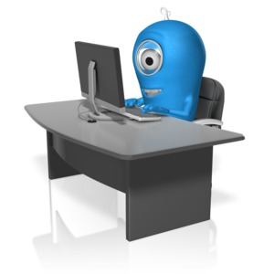 A 3D character sitting at a desk while typing on a computer.