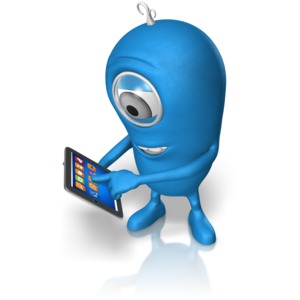 This clip art image shows a character using a tablet computer.