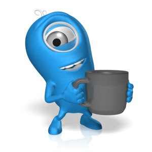 A 3D character holds a giant coffee mug. Use to promote a break or recess.