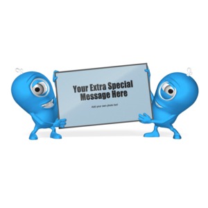 Two 3D figures hold a blank sign. You can use our on-line tools to customize the message that appears on the sign. You may add you own image or logos too.