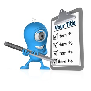 This custom design clip shows a character holding a pen over a clipboard.  You can customize the clipboard with your own text and images.