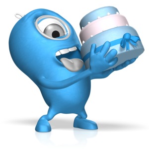 A 3D character tries to stuff an entire party cake in its mouth.