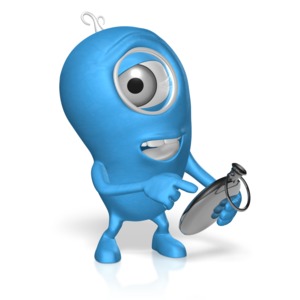 A 3D character points at a clock indicating an appointment or to pay attention to the time remaining.