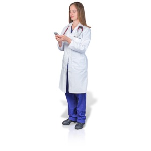 An image of a female doctor or nurse texting on her phone.