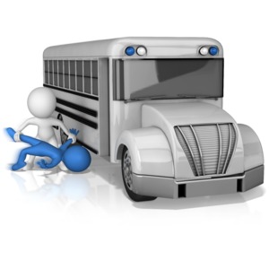 This clip art displays the concept of the idiom (to be thrown under the bus) by showing one figure throwing another under a bus. 