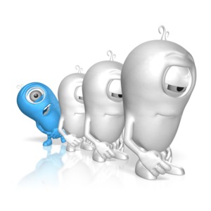 A 3D character waits in line for the restroom.