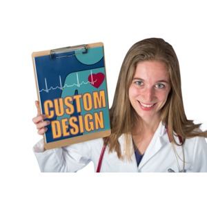 A female doctor or nurse holds up a clipboard with your custom design on it.
