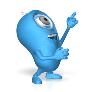 A 3D character looks up and points at something above it. Great to use to call attention to an item in your presentation.