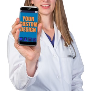A doctor holds up a cellphone with your custom design on the screen.